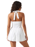 Women's Summer Solid Color Halter Neck Mini Dress Lace Trim Neckline Eyelet Embroidery Backless Tie-Back Slim Party Dresses
