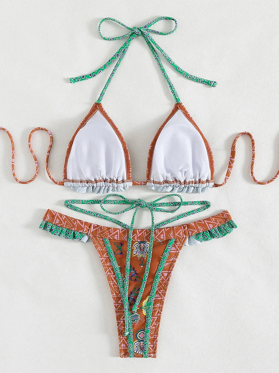 Floral Printed Halter Ruffled Frilled Bikini Women Swimwear Female Swimsuit Two-pieces Bikini set Thong Bathing Suit Swim Lady