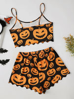 Halloween Devil Pumpkin Print Pajamas Set for Women Sleepwear Short Sleeve Tops and Shorts Set Underwear Nightwear