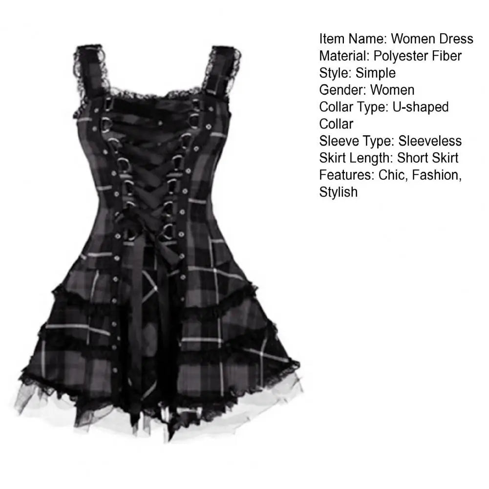Lace Up Sleeveless A-Line Dress Steampunk Plaid Mini Dress for Women Medieval Renaissance Corset Lace Trim Gothic Dress