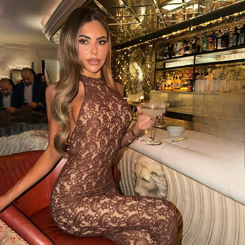 FDYOUI Women's Halter Neck Backless Evening Party Jumpsuits Lady Elegant Sleeveless Lace Overalls One Piece Bodysuit Streetwear