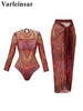 XS - XXL Printed Long Sleeve With Sarong Women Swimwear One Piece Swimsuit Female High Leg Cut Bather Bathing Suit Swim V7136