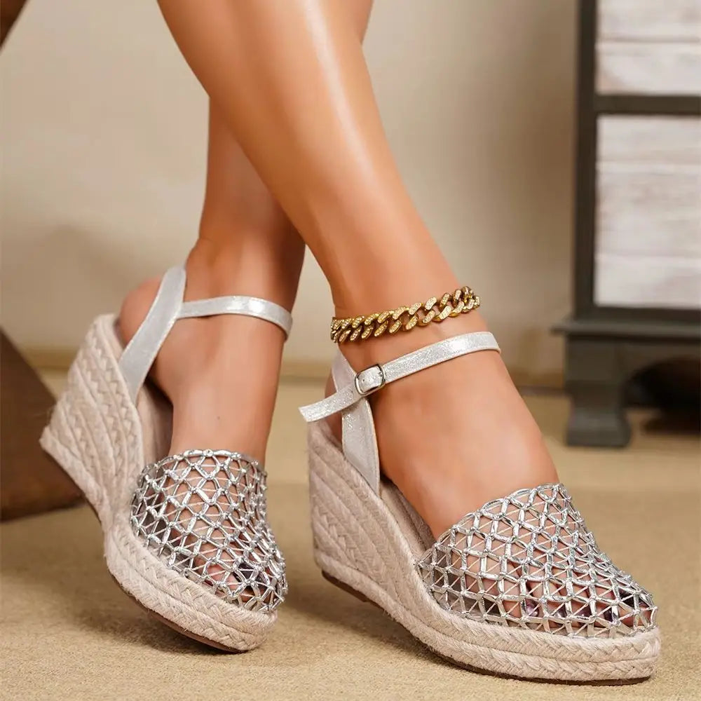 Big Size 43 Mesh Hollow Closed Toe Espadrille Wedge Sandals Women Adjustable Ankle Strap High Heel Summer Boho Beach Shoes