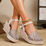 Big Size 43 Mesh Hollow Closed Toe Espadrille Wedge Sandals Women Adjustable Ankle Strap High Heel Summer Boho Beach Shoes