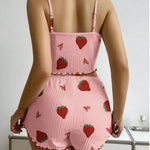New Strawberry Print Sleepwear Set Women's Ribbed Pajamas with Hearts & Bow Soft Comfy Lounge Set with Shorts Cute Summer PjGift