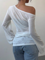 Women's Casual Solid Color Slope Collar Long Sleeved T-Shirt Loose Slouchy Style See-Through Off The Shoulder Top
