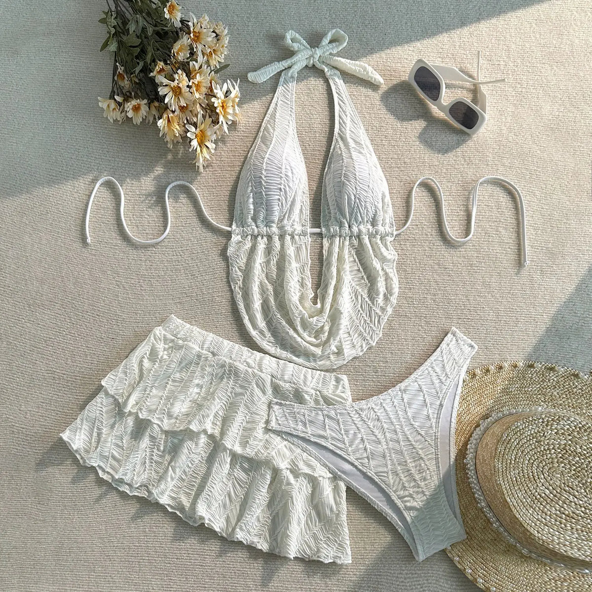 Sexy Yellow Push Up Tassel Crop Top High Waist Swimsuit Swimwear Women Beach Holiday Bathing Suit Skirt 3 Piece Bikini Set 2026
