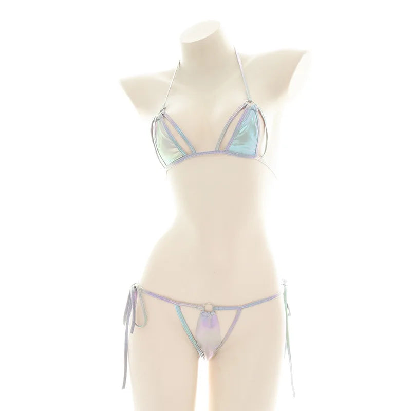 Summer Laser Holographic Micro Bikini Set Women Halter Bra Top Sexy String Thong Bathing Suit Beachwear Brazilian Biquini