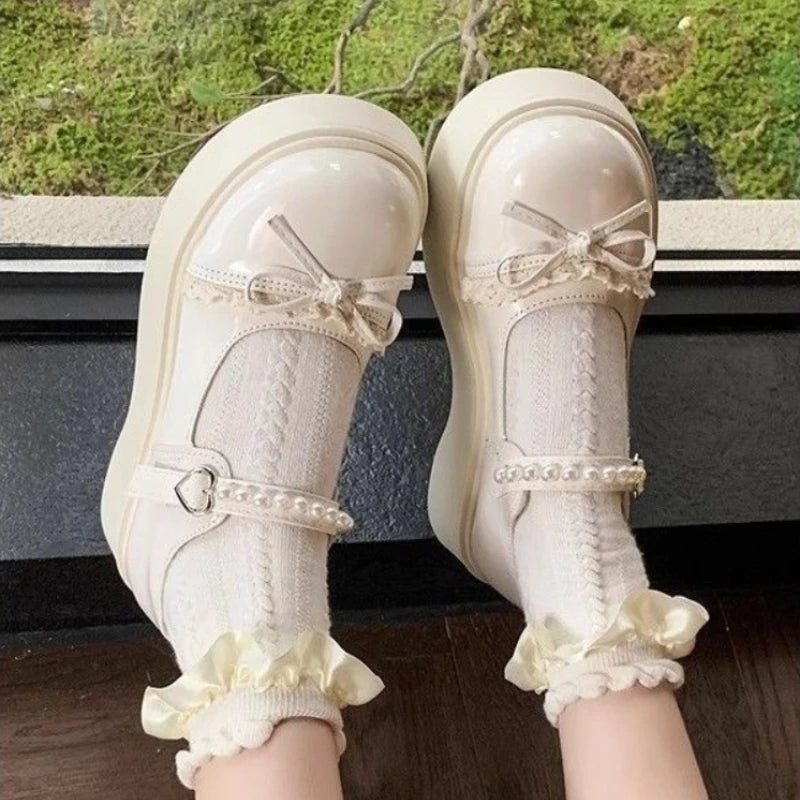 Women Pearl Lace Bow Platform Mary Jane Shoes Adjustable Buckle Strap Chunky Sole Sweet Lolita JK Casual Dress Shoes Black White