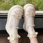 Women Pearl Lace Bow Platform Mary Jane Shoes Adjustable Buckle Strap Chunky Sole Sweet Lolita JK Casual Dress Shoes Black White