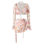 Bikinis Set Swimsuit Women Sweet Floral Prints Summer Girlish Sexy Ruffles Korean Style High Waist Swimwear Fashion Beach Wear
