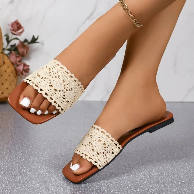 Summer Lace Women Slippers Elegant Hollow-out Ladies Fashion Causal Slip-on Shoes Outdoor Versatile Women Open-toe Flat Slippers