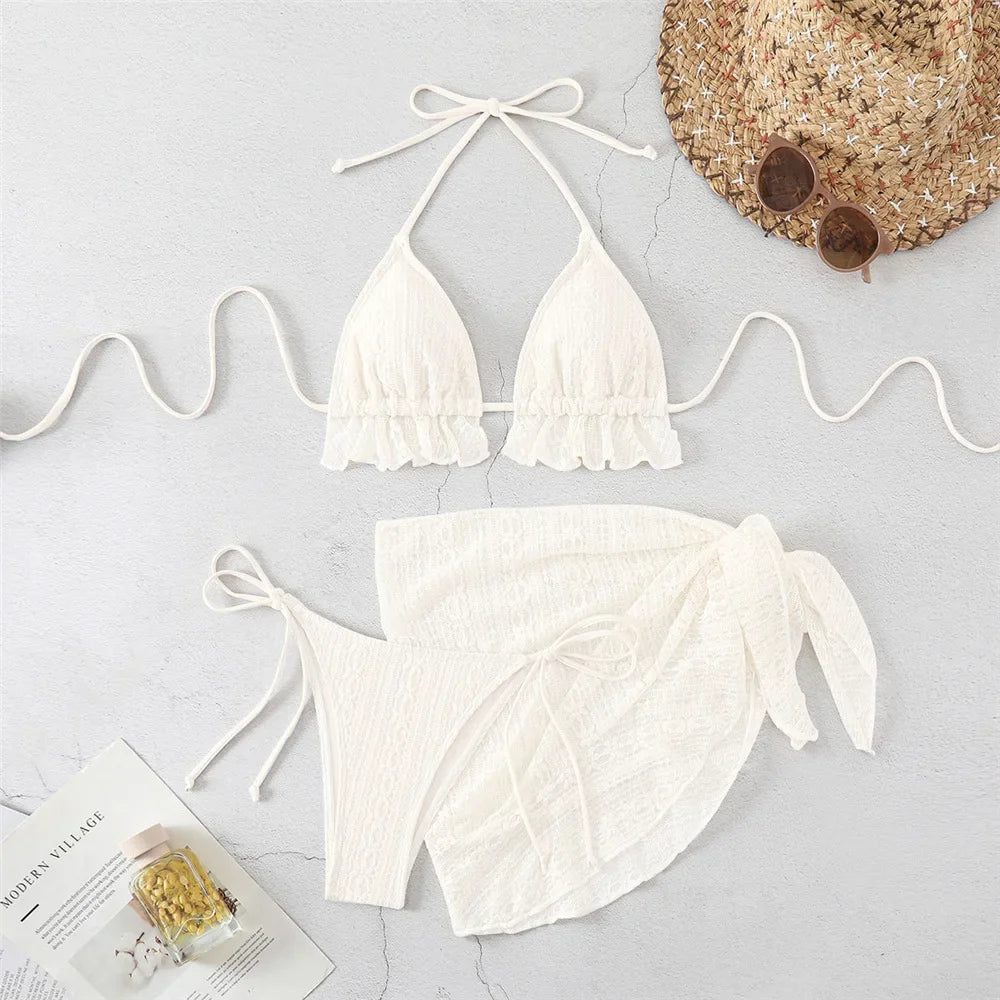 Halter String Triangle 3 Piece Bikini Set Beige Lace Mesh Sexy Swimsuit Women 2026 Cover Up Swimwear Bathing Suit Bikinis Dames