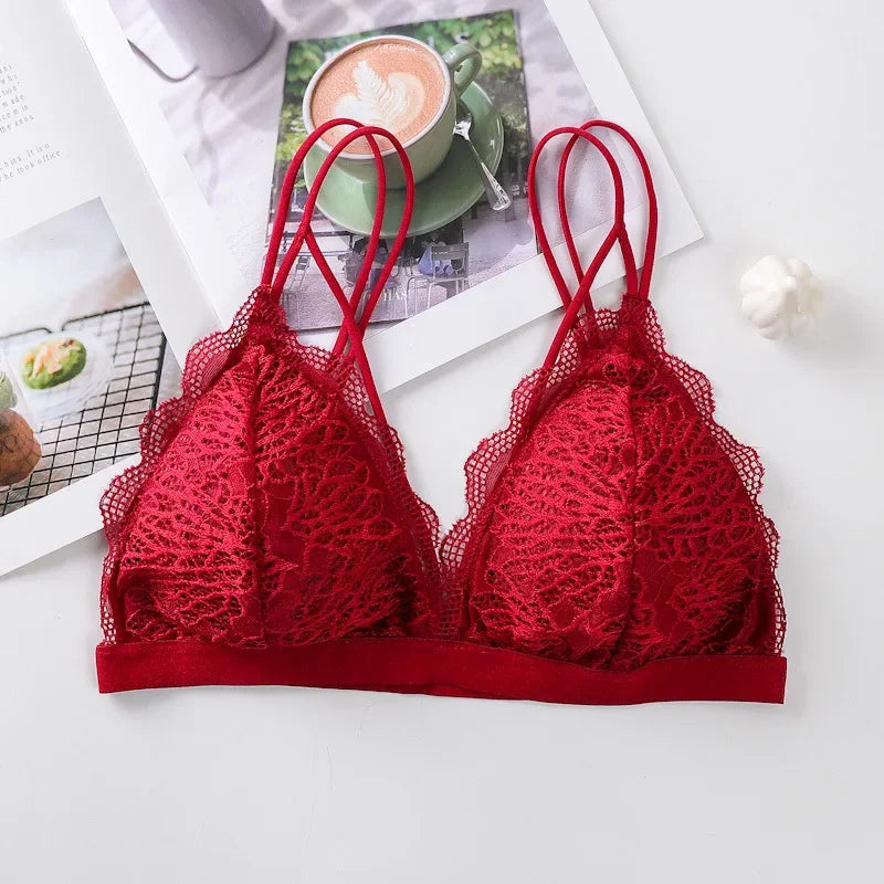 Women Scalloped Lace V Neck Padded Bra Fixed Non Adjustable Double Thin Strap Triangle Hollow Bralette One Size Underwear