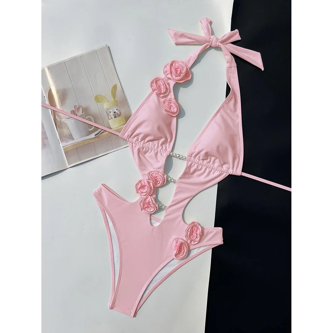 Pink Red Bather Bathing Suit Swim 3D Flower Deep V Neck One Piece Swimsuit Women Swimwear Female High Cut Leg Monokini V6986P