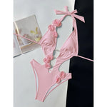 Sexy 3D Flowers Deep V Neck Halter Women Swimwear One Piece Swimsuit Female High Cut Leg Monokini Bather Bathing Suit Swim V6986