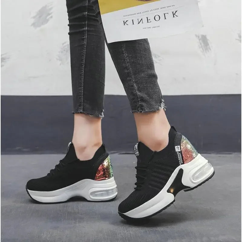 High Quality Femme Bling Sequin Woman Sneakers Chunky Platform CasualHeight Increase Zapatillas Mujer wedges shoes 2019