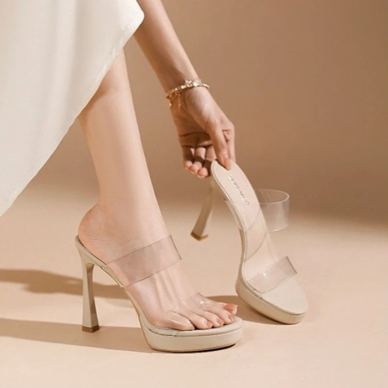 Transparent Crystal High Heel Sandals Women's Summer Versatile Slip-On Shoes Waterproof Platform Chunky Heel round Toe Polyureth