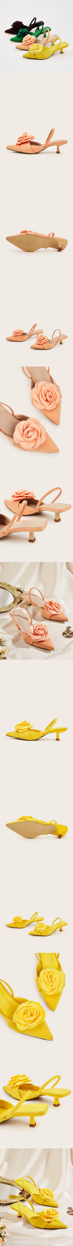 2026 Big Size 43 Summer Women's Pointy Toe Kitten Heels Slingback Satin Sandals Elegant Sandal Rose Flower Office Lady Shoes