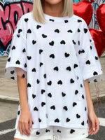 Summer T-Shirt Women Casual Loose Fit Stylish Love Heart Print Crew Neck Short Sleeve Tops