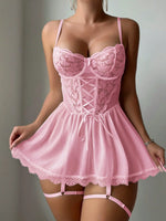 Hot Tulle Bra And Garter SetSexy Lingerie Set Transparent WomenErotic Lace Sleepwear Sexy Underwear Deep V Dress