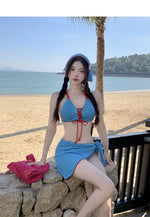 New Blue Plaid Bikini Set Cute Sea Vacation Four-Piece Suit Separate Design High Quality Girls Pure Desire Cross-Border Item