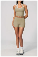 Naked Color Contrast Yoga Sets Women Hanging Neck Sports Vest Gym Clothes Breathable High Waist Shorts Fitness Suits Tracksuit