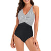 Sexy Stripe Patchwork Swimwear Women 2026 V-neck One Piece Bikini High Waist Slim Monokini Summer Suspender Backless Beachwear