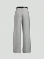 Women's Elegant Grey Striped Pleated Office Lady Pants Casual Wide Leg Loose Long Trousers Spring/Fall