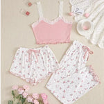 Women 2psc Pajama Set Pink Lace Patchwork V-Neck Sleepwear Sexy Nighties Suit Cami Top Printed Shorts Soft Pyjamas Loungewear