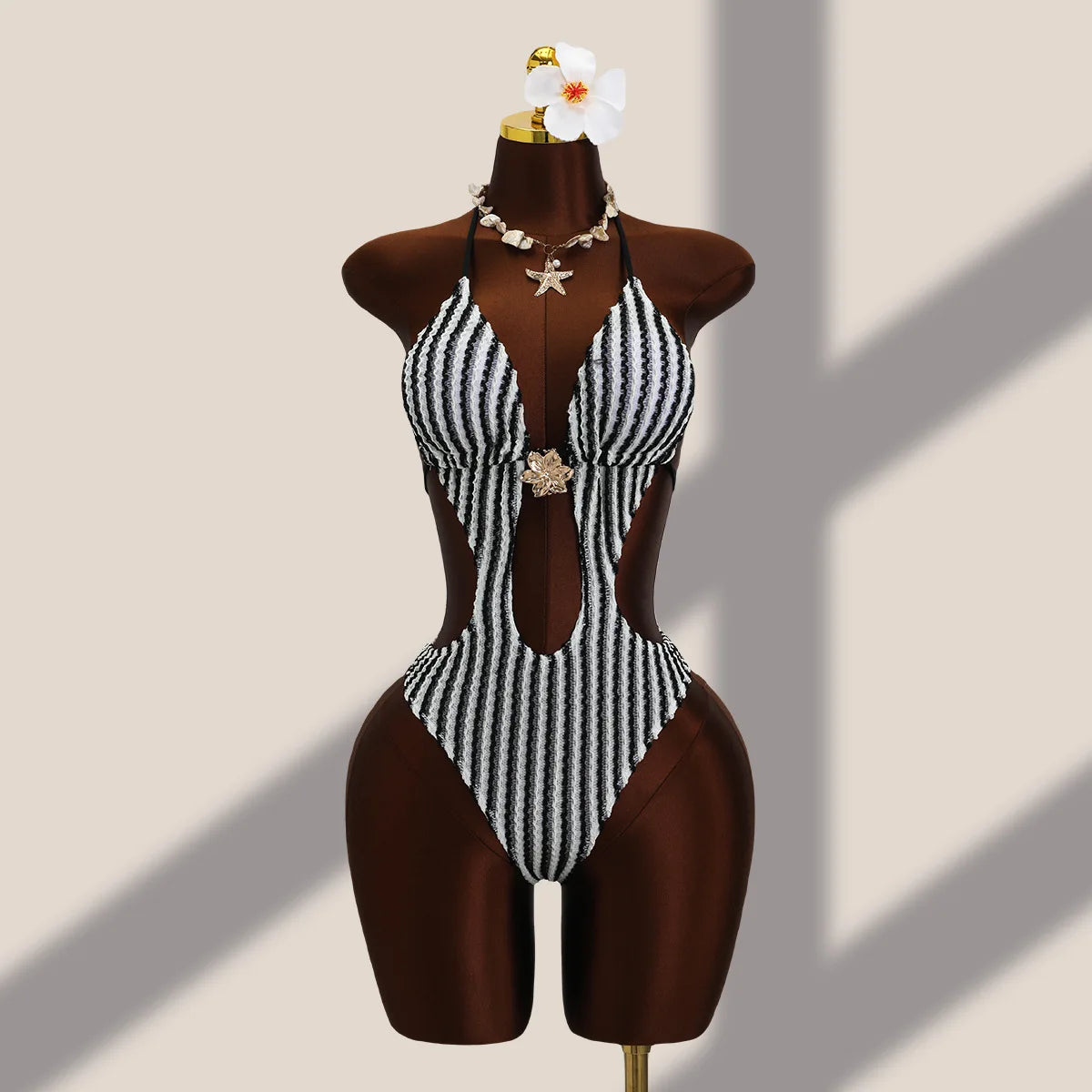 Vintage Black Striped One Piece Swimwear Women 2026 3D Metal Flower Hollow Out Backless Beach Holiday Bathing Suit Swimsuit