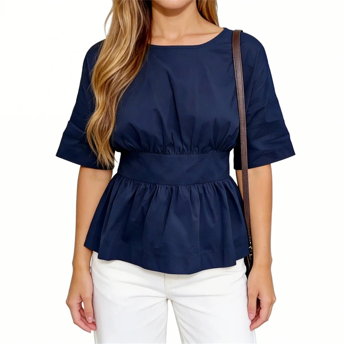 2026 Summer Women's Peplum Tops Casual Elegant Stylish Bow Backless Loose Shirts Crew Neck Elbow Sleeve Blouse