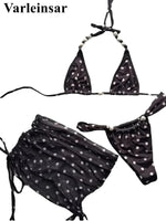 With Skirt Polka Dot Bikini Female Swimsuit Women Swimwear Three-pieces Bikini set Halter Pearls Bather Bathing Suit Swim V7879
