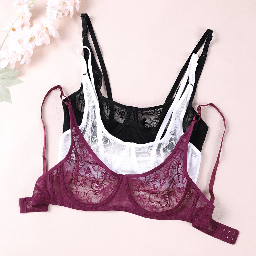 Sexy Lace Bras Transparent Ultra-Thin Sissy Lingerie Bra for Women See Through Embroidery Hollowed Out Brasserie A B C D DD Cup