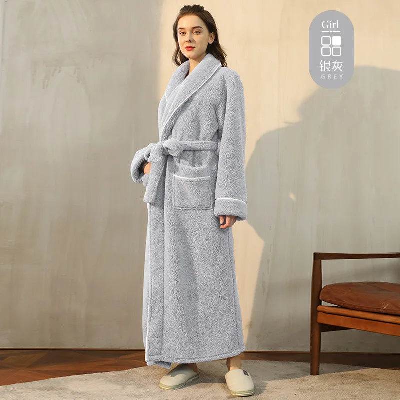 Men's and Women's Styles Winter Bathrobe Long Sleeve Warm Turn Down Collar Fluffy Bath Robe with Sashes Solid Fleece Gown 2025