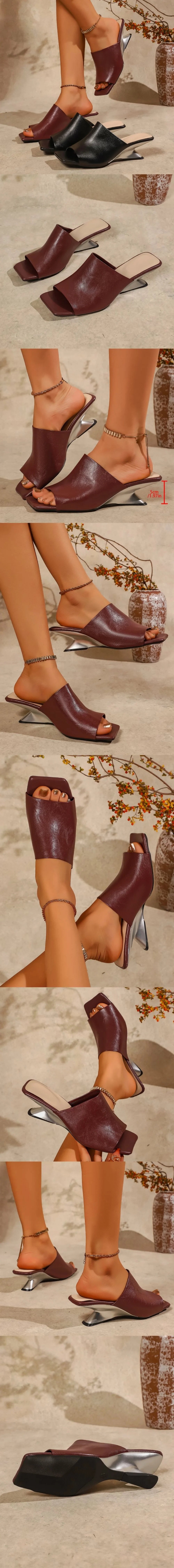 Big Size 42 Burgundy Metallic Wedge Heel Slide Mules Sandals Women Chic Slip On Black Outdoor 5CM Wedges Slipper Daily Shoes