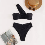 Sexy One Shoulder Bikinis Sets 2024 Women Black Push Up Pleate High Waist Swimsuit Beach Bathing Suit 2 Piece Swimwear Biquini
