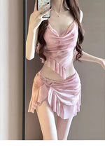 New Korean Style Bikini Set Women Pink Gradient Ruffles Push Up Mesh Skirt 3 Piece Swimsuit Summer Bathing Suit Holiday Swimwear