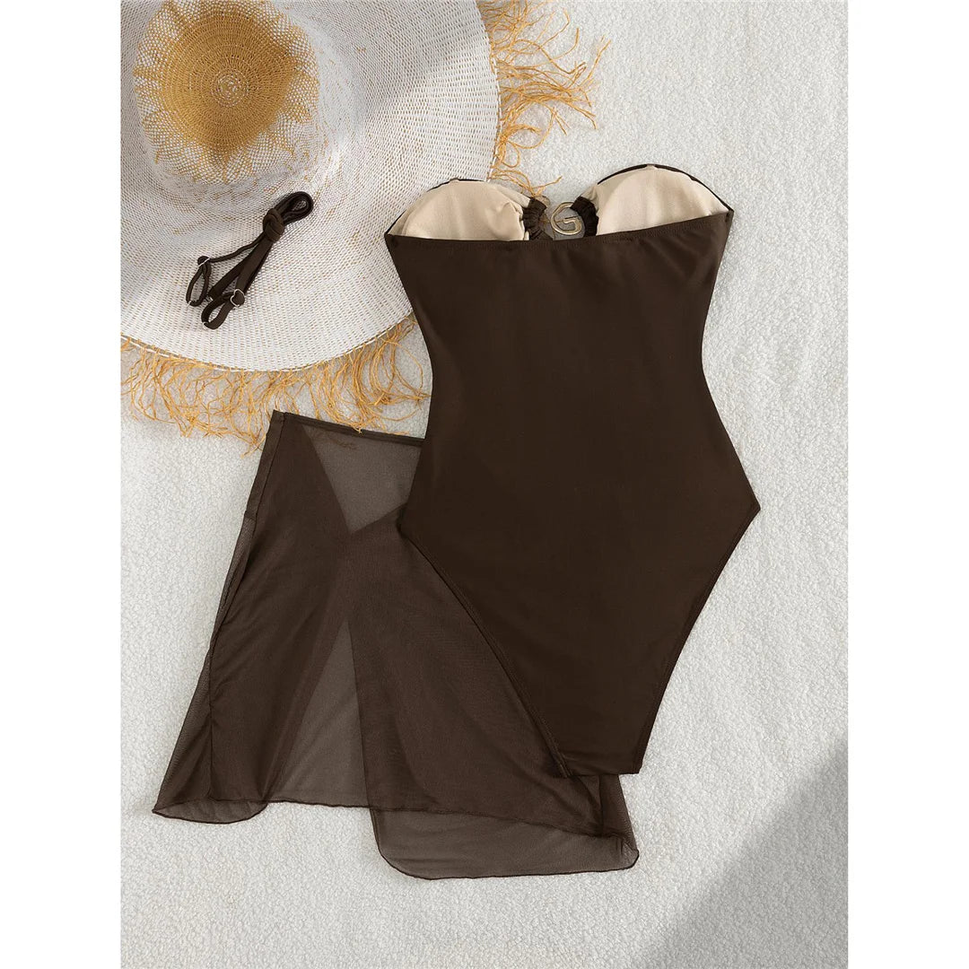 XS - L 6 Colors One Piece Swimsuit Female With Skirt Cut Out Women Swimwear Bandeau Metal Ring Bather Bathing Suit Swim V8108