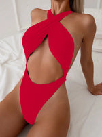 Sexy Black Red One Piece Swimsuit Women Halter Cross Hollow Out Bikini 2025 Beach Bathing Suit Backless Bandage Thong Swimwear
