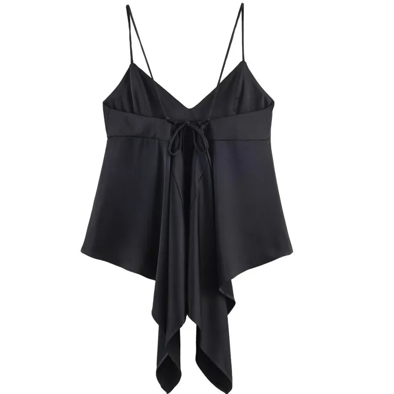 Women's Casual Asymmetric Silk Satin Textured Lingerie-Style Top Backless Deep V Suspenders Sleeveless Vest For Woman Charm 7P3O
