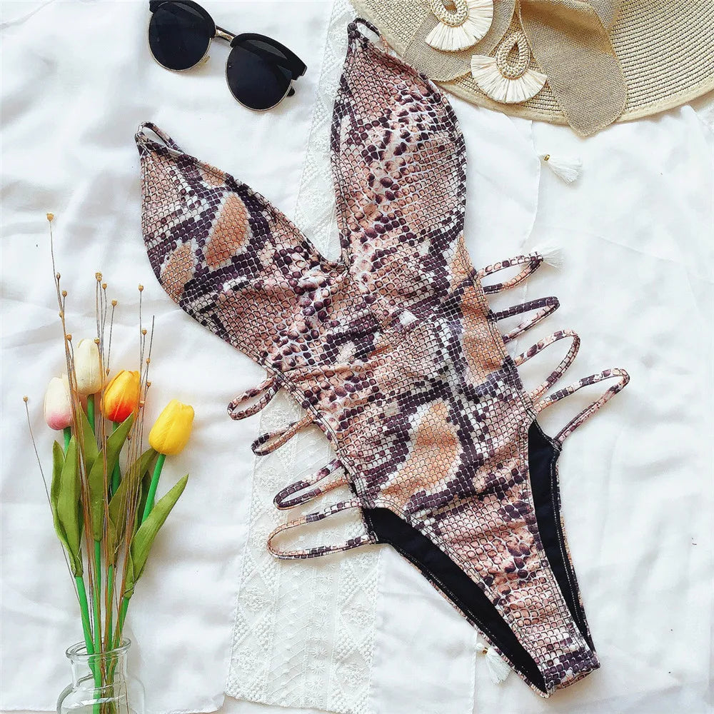 Sexy Snake Print Backless Swimwear One Piece Swimsuits Woman 2026 Hollow Cut Out Monokini String Bathing Swimming Suit Bather