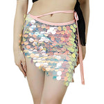 Womens Iridescent Sequin Mini Skirt Tie Waist Asymmetrical Hem Bodycon Skirt Shiny Sparkle Bottoms For Beach Cover Up Party Rave