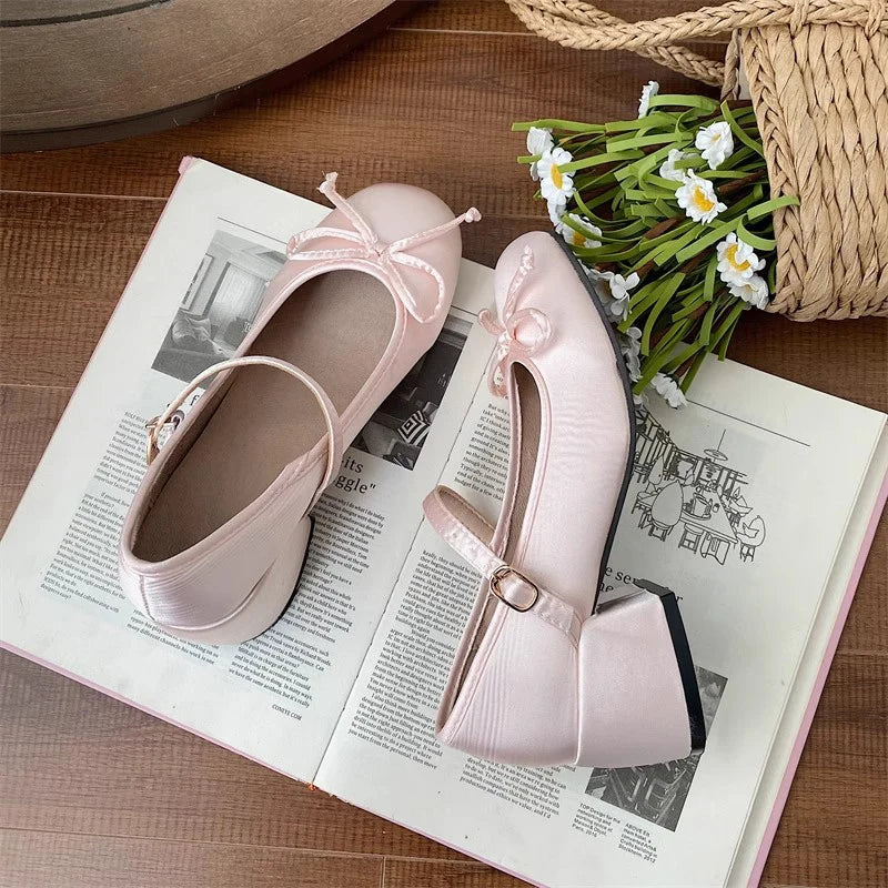 2025 spring cute sweet Bowknot Mary Janes for Womenvintage Silk Med Heelspumps LadiesBanquet Wedding Single Shoes Mujer