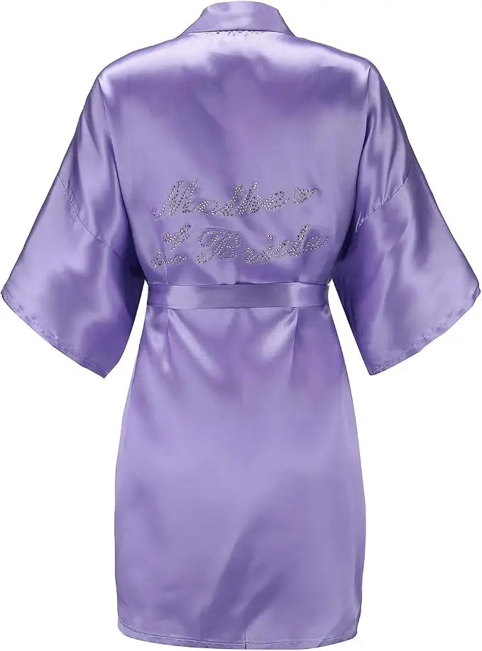 Women's Satin Kimono Robes with Rhinestones Bride Bridesmaid Short Getting Ready Wedding Dressing Gown