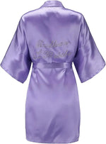 Women's Satin Kimono Robes with Rhinestones Bride Bridesmaid Short Getting Ready Wedding Dressing Gown