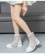Women White Gladiator Ankle Boots Round Toe Square HeelBreathable Mesh Large Size 34-45 Sweet Princess Cool Sandals Boots New