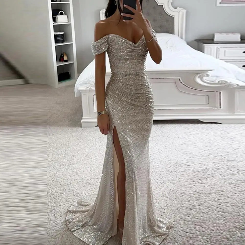 Evening Party Prom Dress Elegant V-Neck Off Shoulder Dress Sequin Pleated Short Sleeve Waist Tight Slim Sexy Split Long Dress