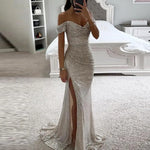 Evening Party Prom Dress Elegant V-Neck Off Shoulder Dress Sequin Pleated Short Sleeve Waist Tight Slim Sexy Split Long Dress