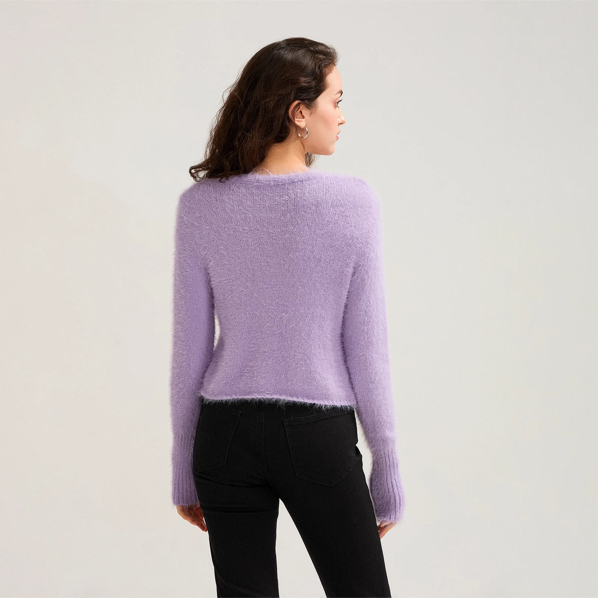 Fall Winter Women Button Down Cropped Knit Cardigan Solid Color Knitwear Fuzzy Long Sleeve V-Neck Loose Sweater